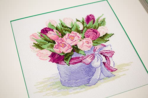 Image of RIOLIS - Tulips Hat Box 2003, Floral Cross Stitch Kits 7 inchx7, Cross Stitch Kits for Beginners & Advanced, Crossstitching Kits Adult, Counted Stitching Kits, Flowers Embroidery Kit