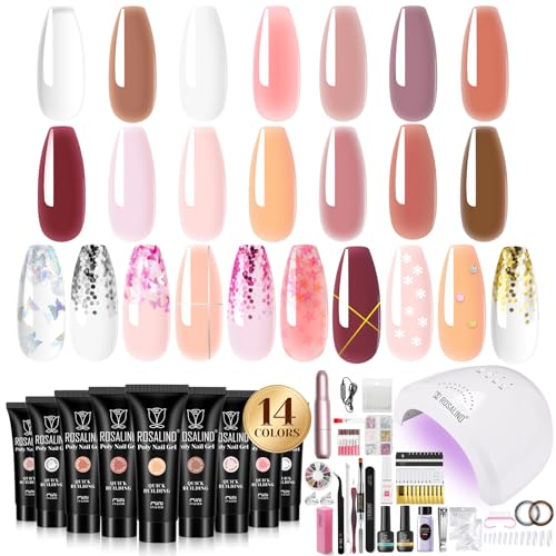 ROSALIND Kit Uñas de Gel, Gel Uñas Set con Lima Eléctrica Uñas/48W UV Lámpara, 14 Colores Geles de Extensión Completo con Base Top Coat, Nail Extention para Principiantes