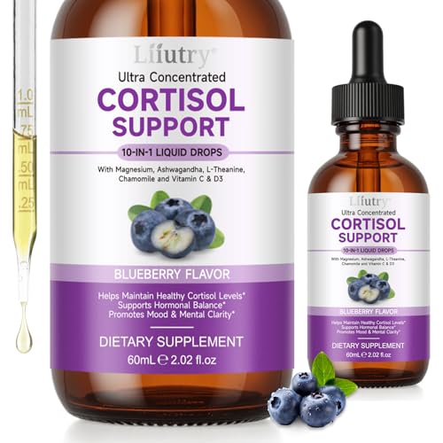 Cortisol Supplements for Women and Men with Magnesium, Ashwagandha, L-Theanine, 10 in 1 Cortisol Detox Manager Reducer, Hormone Balance Liquid Drops - Mood, Focus, Sleep - Blueberry Flavor(2.02 fl.oz)
