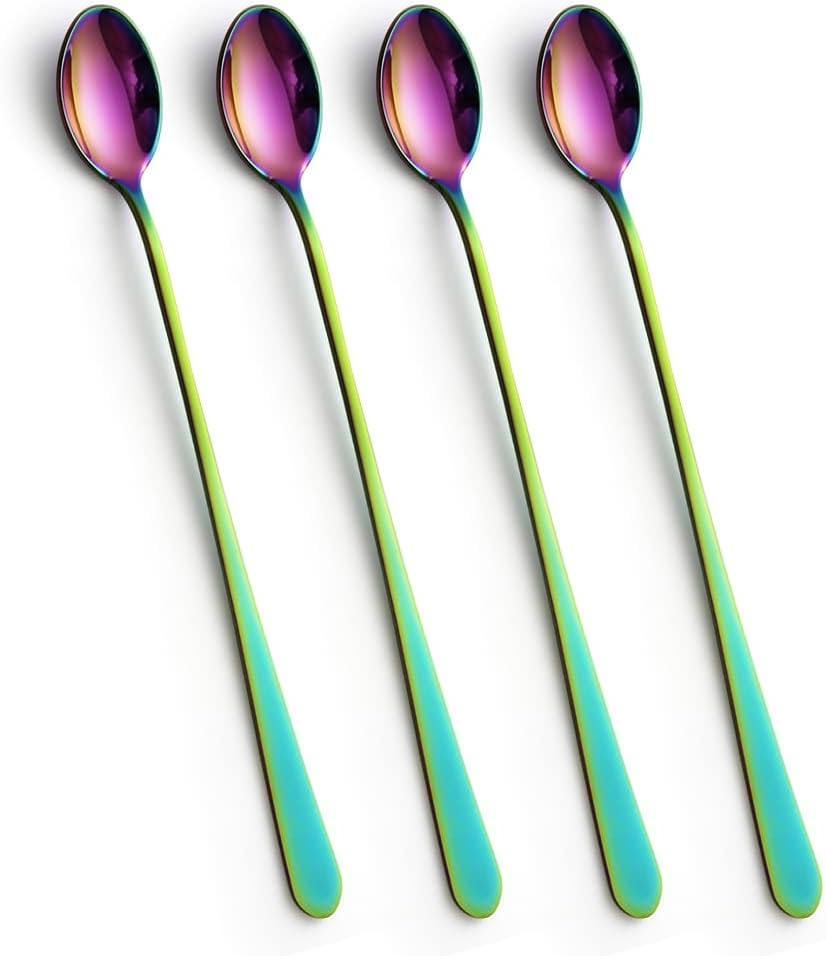 Benting Long Handle Iced Tea Scoop, 9-Inch Long Handle Scoop for Coffee, Ice Cream, Cocktails, Stirrers, Stainless Steel, Set of 4 (Rainbow)