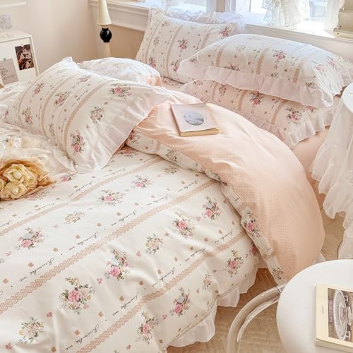 Image of VM VOUGEMARKET Ruffle Duvet Cover Queen with Elegant Pink Flower Printed Romantic Lace Comforter Cover with Zipper Ties Cotton Princess Bedding Set for Teen Girls