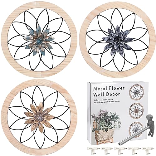 Horse 3pcs Ultra-thick Rustic Wall Decor, Wooden Frame Iron Flower Farmhouse Hanging Decoration for Outdoor,Bedroom, Living Room, Bathroom, Kitchen,Indoor