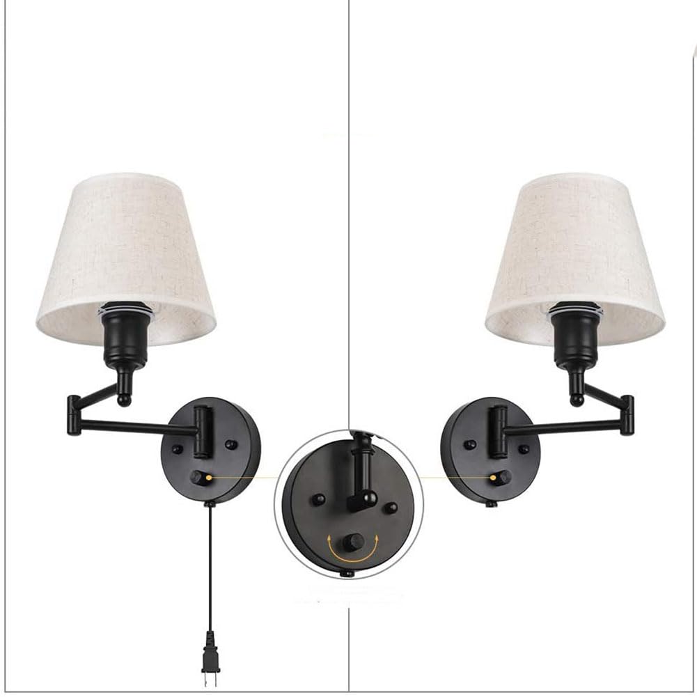 Langer Arm Wandlampe mit Schalter und Kabel Verstellbare Wandleuchte Schalter Dimmbar Wandleuchten Stoffs Lampenschirm Leinen Wand Leselampe Schwenkarm Schwarz für Wohnzimmer Schlafzimmer