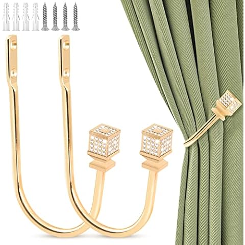 Curtain Holdbacks Gold Crystal Curtain Tiebacks Hooks for Curtains Decorative Drapery Holdback Wall Mounted Heavy Duty Metal Curtain Holders Pullbacks for Drapes Pair Cover