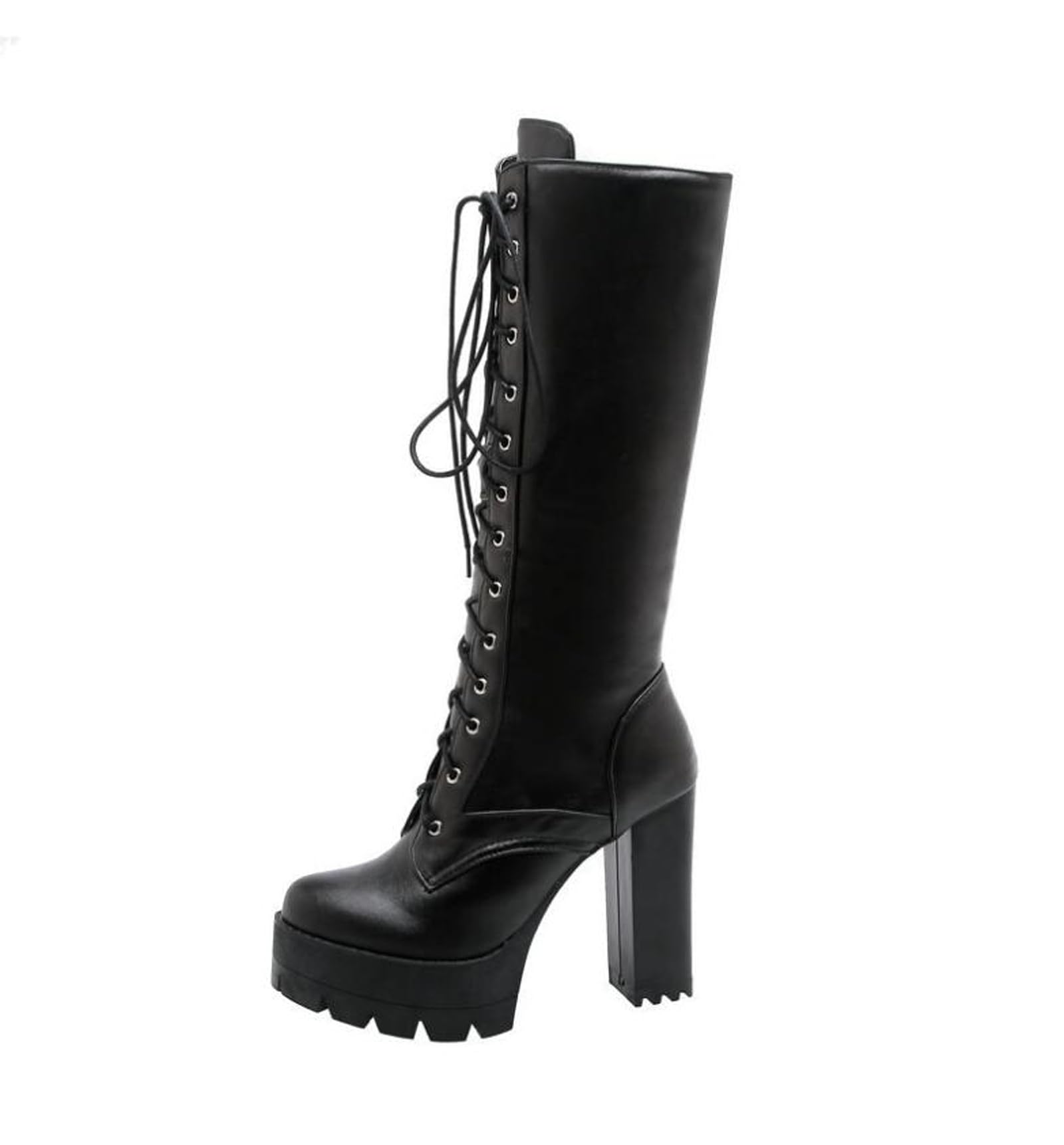 OTMYIGO Damen-Stiefel mit hohem Absatz, Schnürstiefel, Wadenhoch, kniehoch, Militär-Bikerstiefel, Dicker Absatz, Ritterstiefel, Schnürstiefel, Vintage-Stiefel, Steampunk, Gothic