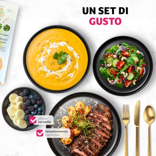 tectake® Set Stoviglie in Terracotta 24 Pezzi, Servizio Piatti 6 Persone, Set Tavola dal Design Moderno, Set Piatti Adatto per Lavastoviglie e Microonde, Impilabile - Nero - immagine 6