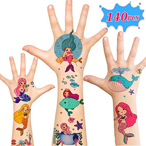 Mermaid Party Supplies, 140pcs Temporary Tattoos for Kids, Mermaid Party Favors Birthday Decor Games Tattoos for Boys Girls Women Men