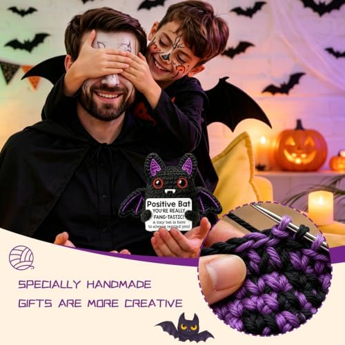 Handmade Positive Energy Crochet Bat Emotional Support Crochet Office Bat Decor Gift for Women & Men Inspiring Affirmation Card, Thoughtful Stress Relief Present, Cute Birthday Gift for Coworker — view 3