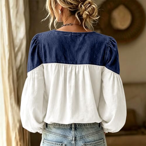 Long Sleeve Shirts for Women V Neck Ruffles Color Block Denim Patchwork Top - image 3