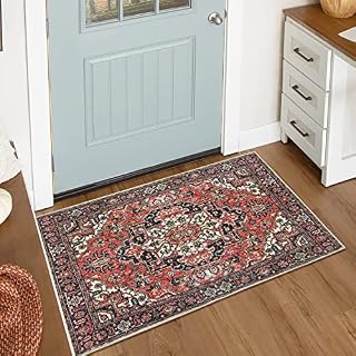 KIMODE Vintage Boho Small Bath Rug Indoor Doormat,60x90cm Washable Low-Pile Bathroom Area Rugs,Soft Non-Slip Floral Medallion Floor Carpet for Bedroom Kitchen Entrance