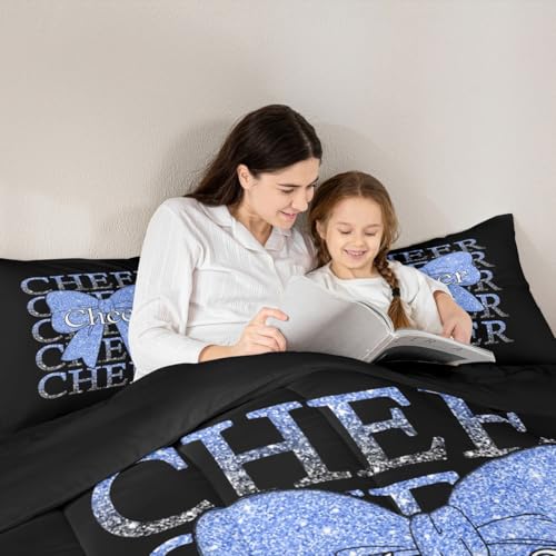 Image of Feelyou Cheer Bow Bedding Set Soft for Boys Girls, Cheerleader Comforter Set Toddler Size Funny Sport Duvet Quilt Microfiber Blue Bedroom Decor 2 Pcs with 1 Pillow Cases