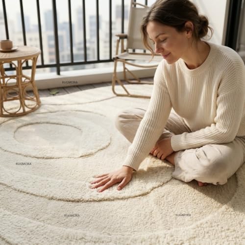 Image of Hand Tufted Wool Rug 6x8 Ft - Modern Irregular Shape Aesthetic Carpet, 1 Inch Thick Pile, Anti-Skid Backing, Soft Handmade Woolen Area Rug for Living Room, Bedroom, Hall Decor