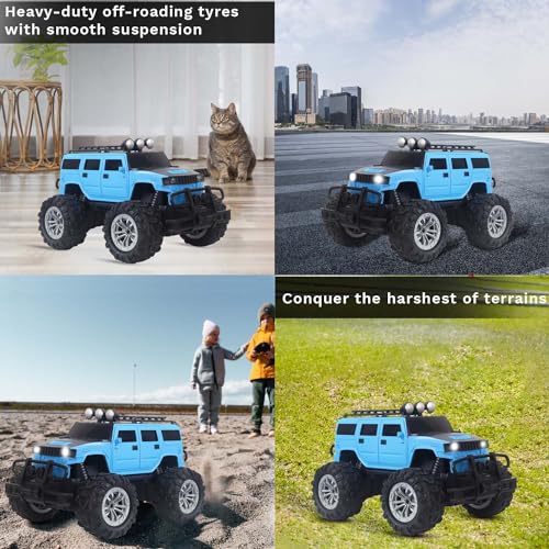 Image of popsugar Off Roader Rechargeable Remote Control Monster Truck with 4 Headlight Modes | Lithium Battery | C-Type Charging | Remote Control Car for Kids | Made in India, Sky Blue