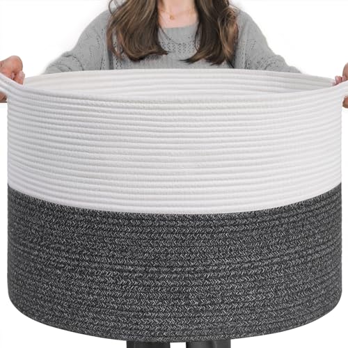 Image of INDRESSME XXXLarge Cotton Rope Basket 21.7" x 21.7" x 13.8" Woven Baby Laundry Baskets Blanket Basket Toy Baskets with Handle Storage Comforter Cushions Gray Laundry Hamper