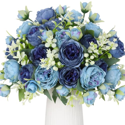 Floweroyal 4 racimos de flores artificiales de peonías, flores de color azul azulado, ramos de peonías de seda para bodas, fiestas, centros de mesa, arreglos florales, decoración del hogar y la