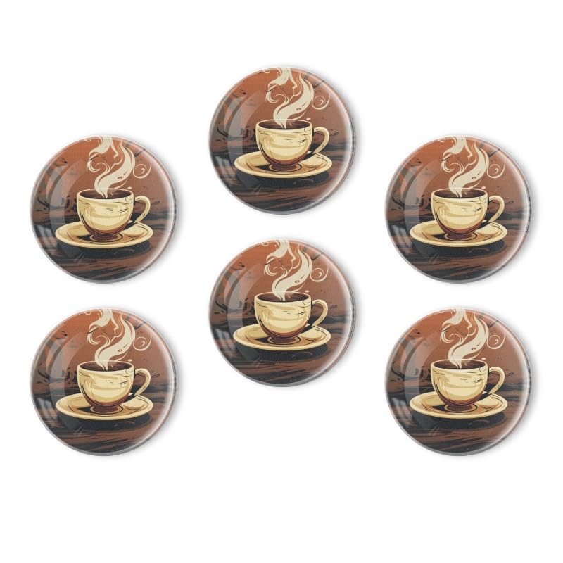 BaHomeck Fridge Magnets 6 Pcs Steaming Cup of Coffee with Steam Rising Round Strong Magnetic Glass Refrigerator Magnet,Sticker Decoration for Office