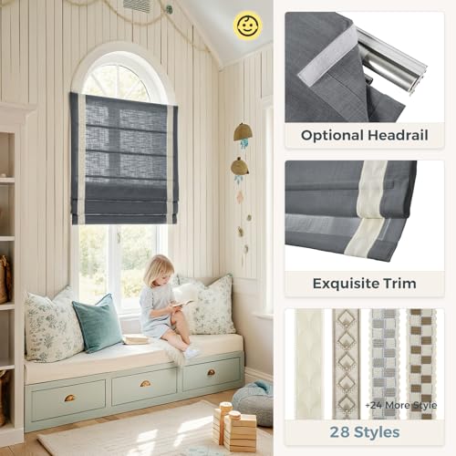 Image of TWOPAGES Liz No Drill Cordless Roman Shades Linen Textured Roman Blinds for Windows, Custom Made Room Darkening Blackout Roman Window Shades, Hardware Included, Dark Grey, 1 Piece