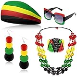 5 Pieces Rasta Women's Jewelry Set Rasta Accessories for Women Include Headband, Sunglasses, Wood Dangle Earrings, Jamaica Necklace, Jamaica Bracelet(Bead Style)