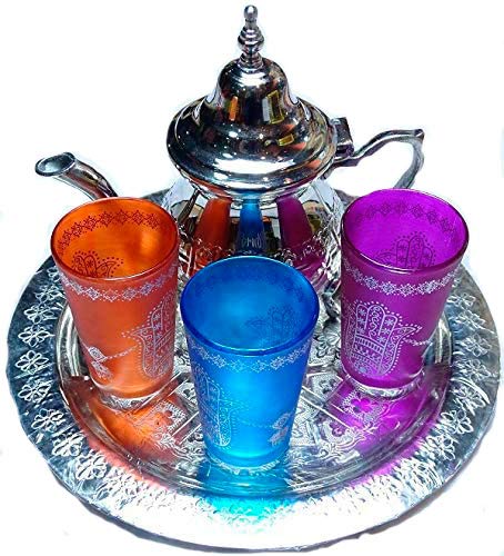 Service à thé marocain. Théière de Maillechort 400 ml + plateau diamètre 29 cm + 3 verres en verre Cover