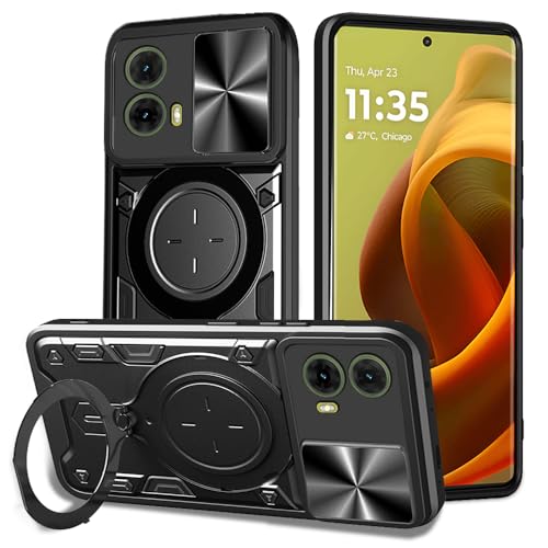Image of AESTMO Armor Motorola Moto G85 5G Bumper Back Case Cover | Ring Holder & CD Pattern Sliding Camera Shutter Cover | Back Case Cover for Motorola Moto G85 5G (Black)