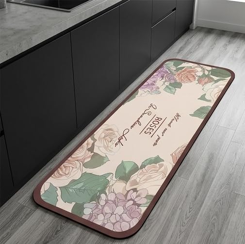 Image of HomeCloud Rubber Kitchen Mats for Floor Set of 2 Pcs|Non-Skid, Soft Absorbent Rugs for Kitchen, Laundry, and Hallway|120x40cm, 40x60cm| 4mm Thickness (Rose Beige Flower)