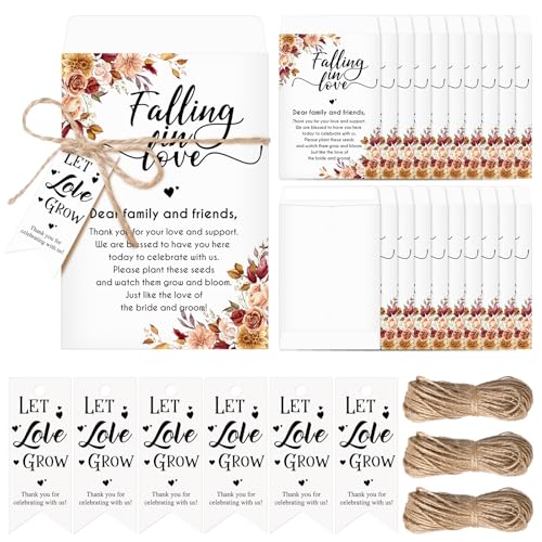 Watersay 50 Set Fall Wedding Favor for Guest Let Love Grow Seed Packets Falling in Love Self Adhesive Packets with Thank You Tags Wedding Gifts for Guest Bridal Shower, No Seeds
