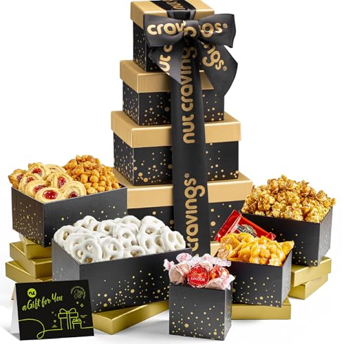 NUT CRAVINGS - Gourmet Snack Gift Basket Tower in Black Box - 8 Assortments