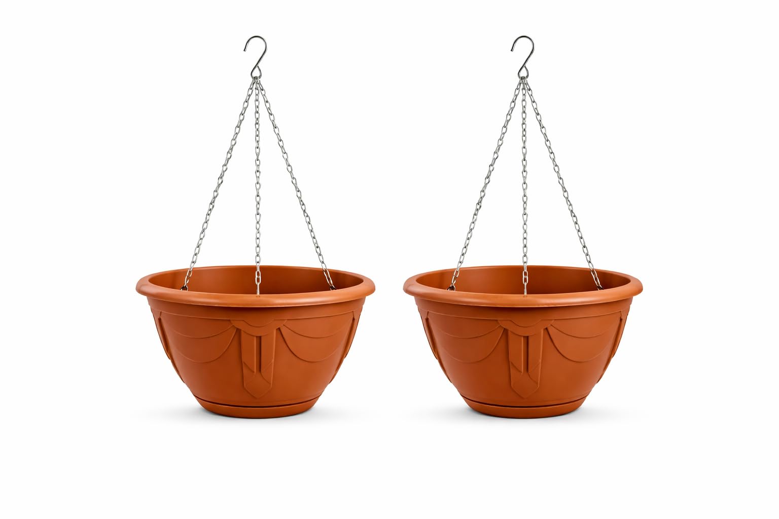 ZARVICZONIA Plastic Venetian Flower Basket Hanging Planter Garden Plant Pot With Chain 32cm (Terracotta, Pack of 2)