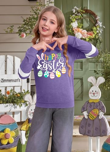 Image of Ithalt Kids Easter Shirts for Girls Cute Bunny Graphic Tshirt Easter Long Sleeve Tops 5-14y