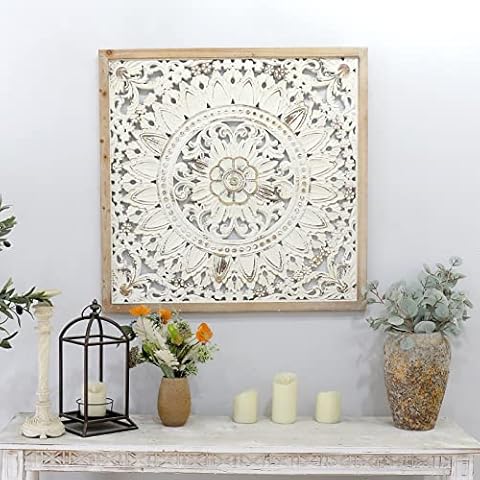 G-LEAF Carved Wood Flowers Wall Decor,Decorative Carved Wall Hanging Panel,33〞x33〞 Floral Wall Art Wooden Sculpture for Entrance Hall,Living Room ,Bedroom Cover
