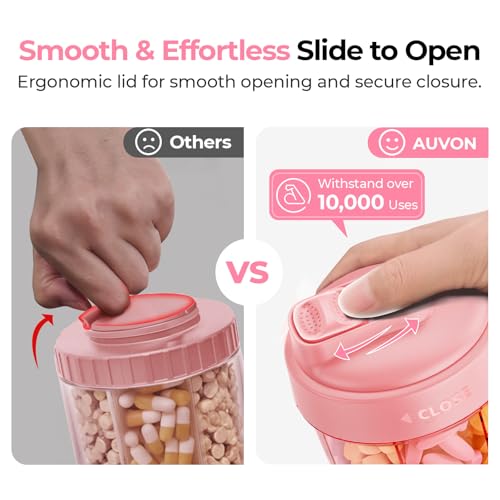 Image of AUVON Portable Pill Dispenser to Store 7 Various Supplements, Travel Pill Organizer Bottle with Anti-Mixing Design, Arthritis-Friendly Pill Container with Wide Opening & Slider Lid, 20 Blank Stickers