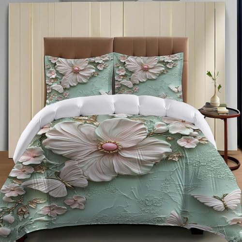 Housse de couette imprimé 3D vert clair fleurs papillons en microfibre - 5