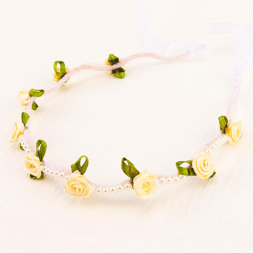 AHONEY Flower Girl Headpiece Floral Pearl Headband for Brides, Elegant Boho Wedding Hair Accessory Fairy Crown for Women and Girls-white