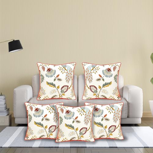 Image of Cotton Cushion Covers 16x16 Inch - Hand Block Floral Print Pillow Covers for Sofa, Couch & Bedroom (Pack of 5) (White & Green)