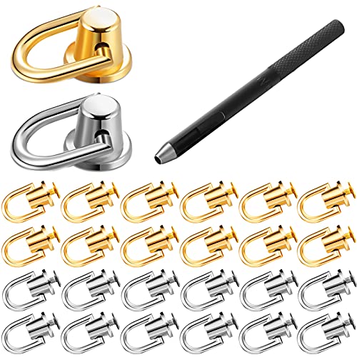 Ferraycle 24 Pcs 360 Degree Rotatable Ball Post Head Buttons D Ring Stud Screw Buttons Rivets Nails Chicago Stud Screw Metal Ring Head Buttons with Hole Punch for DIY Backpack (Gold, Silver)