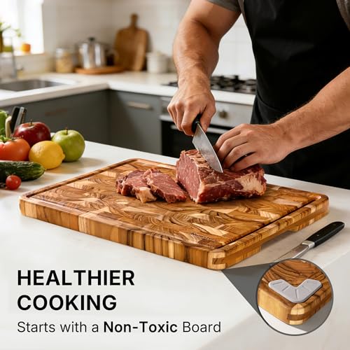 Set de 2 tablas de cortar de madera de teca con patas antideslizantes y ranuras para jugos miniatura 5