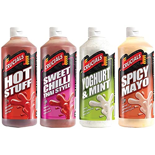 Crucials KIT Composto da 4 prodotti, Hot Stuff, Sweet Chilli Thai Style, Maionese Piccante, Salse Yogurt & Menta 500ml, Ravviverà qualsiasi piatto