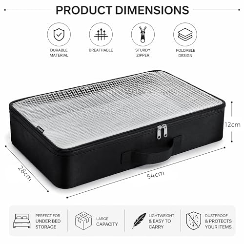 Image of Storite Foldable Underbed Storage Bag for Clothes, Blankets & Comforters | | Breathable Fabric Organizer with Zipper, Transparent & Handles | Space Saving Storage Box (54x28x12 cm)