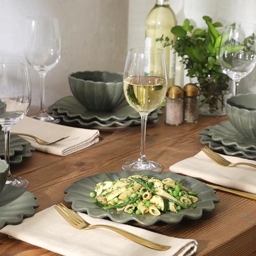 Image of Gibson Elite Bistro Fleur Plates and Bowls Sets, 12-Piece Stoneware Dinnerware Set for 4, Matte Green Scalloped Dish Set with Dinner Plates, Salad Plates & Bowls