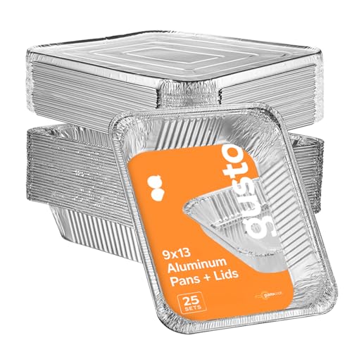 Image of GUSTO 9x13 Inch Aluminum Foil Pans With Lids [25 Sets] Half Size Deep | Thicker 37.4 Gauge, Food-Safe Tin Disposable Trays, Freezer-Safe, Oven, Grill & Smoker Use, Secure Transport, Recyclable