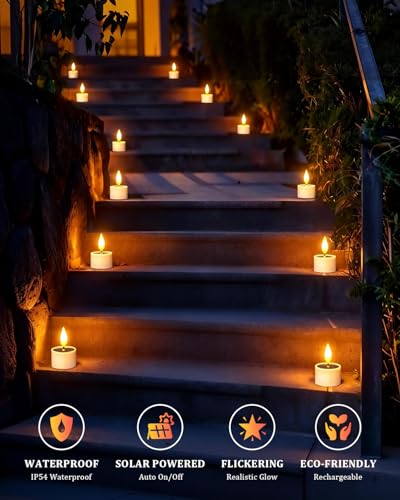 Image of SoulBay Solar Tea Lights Outdoor Waterproof, 6 Pack Small Flameless Flickering Small Bright LED Candles Lights with Dusk to Dawn Sensor for Lanterns Window Chandelier Garden Patio Deck Decor