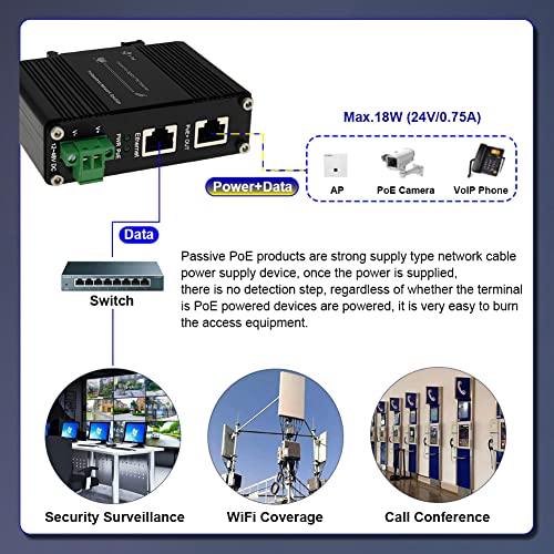 Image of Industrial Gigabit Passive 24V PoE Injector Hardened PoE Adapter with 12-24V DC Input 24V PoE Output DIN- Rail /Wall Mount
