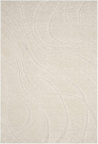 Image of Geometric Wave Shaggy Carpet for Living Room, Bedroom, High Low Design Finish Microfiber 1.8 Inch Pile High, 9x12 Feet Ivory|Ivory Color