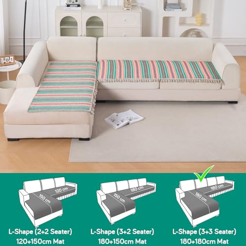 Image of HOKIPO 'Artisan Boho Series' L Shape (3+3 Seater) Sofa Cover Seat Mat | 450 GSM Cotton Acrylic Jacquard Fabric with Tassel, Mint Green (IN-904-A7*2)