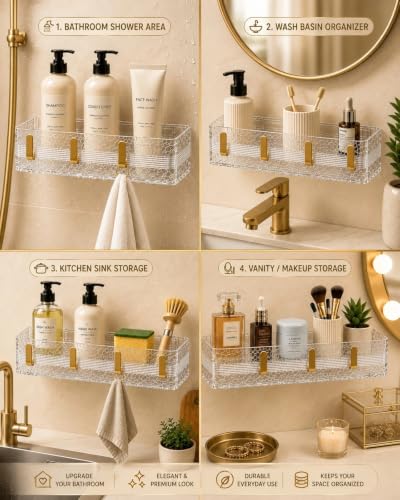 Image of Transparent Acrylic Set of 2 Shower Caddy with Golden Hooks| Bathroom Wall Shelf Organizer with 2 Tier Storage for Toiletries, Shampoo, Skincare, Cosmetics & Bathroom Accessories