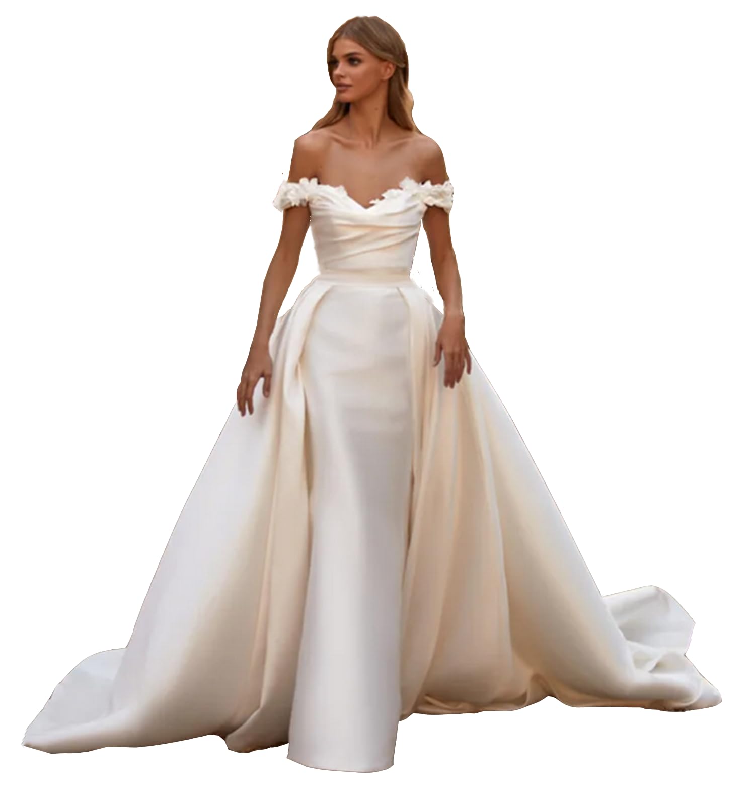 TSxuelian Abito da sposa a sirena in raso da donna con spalle scoperte con treno staccabile Gonws da sposa