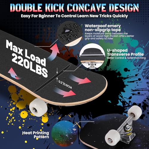 Image of Pro Complete Skateboards for Beginners Girls Boys Kids Youths Teens Adults 31 inchx8 inch Skate Boards 7 Layers Canadian Maple Double Kick Deck Concave Longboard