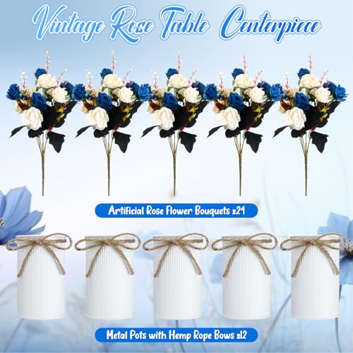 Domensi Wedding Centerpiece for Table Artificial Rose with Vase Fake Bouquets and Metal Pot Floral Arrangements for Holiday Party Event Table Decor - Image 5