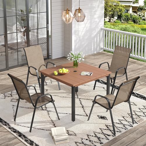 Image of VICLLAX Patio Dining Set for 4, All Weather 5-Piece Patio Set-40.2 inch Square Outdoor Table and 4 Stackable Chairs for Lawn Garden and Backyard,Walnut Tabletop
