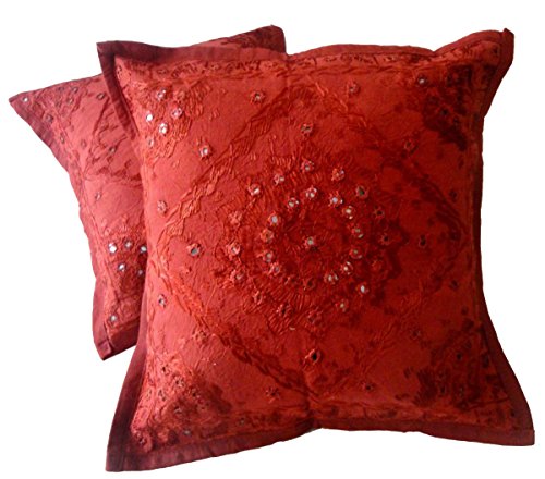 2 Antique Miroir ethnique travail brodé sari indien Lance taies d'oreiller Toss housses de coussin, Coton, Rouge, 16 X 16 Inches Cover